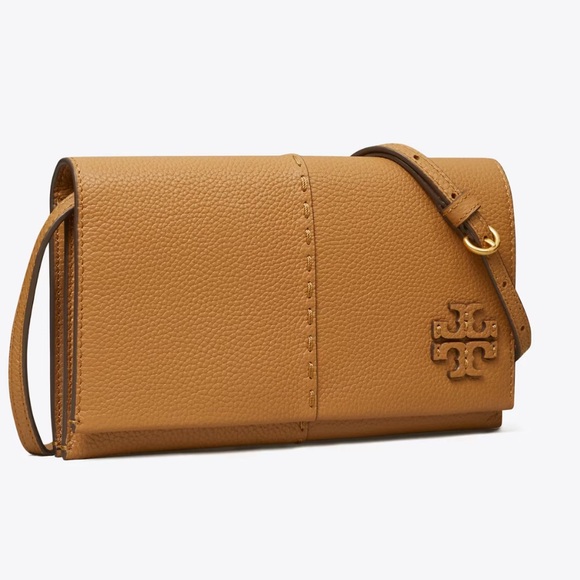 AUTH NWT TORY BURCH McGraw Logo Pebbled Leather Wallet Crossbody In Tan - Picture 7 of 14
